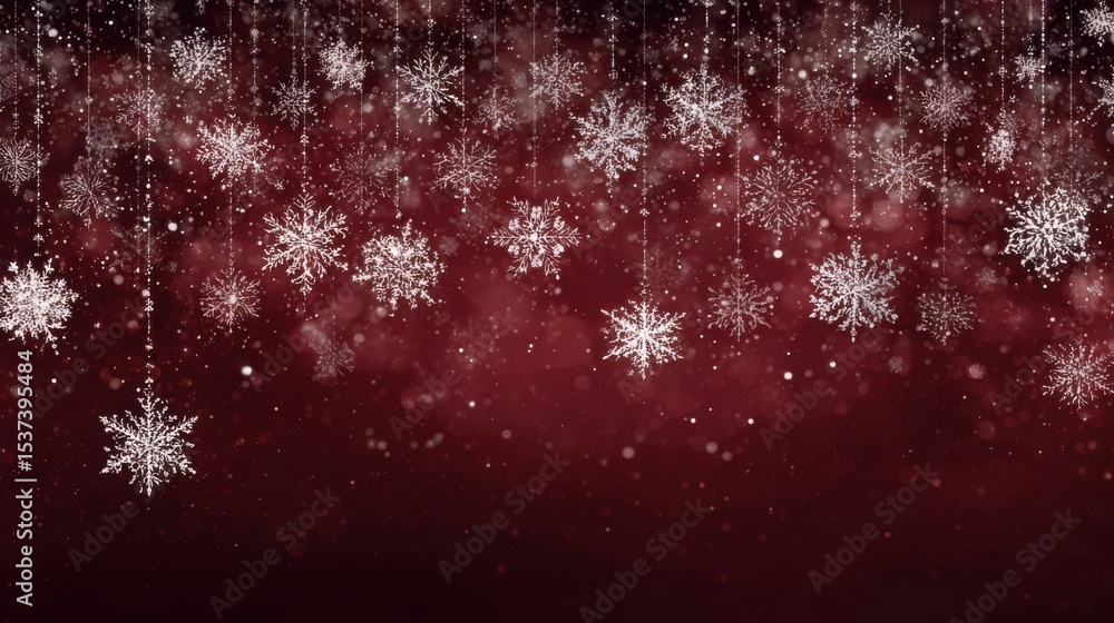 Poster a red background with snowflakes hanging from the ceiling. the snowflakes are falling in different d