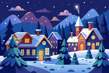 Fototapeta premium Christmas winter landscape with houses and trees at night, a cozy holiday scene