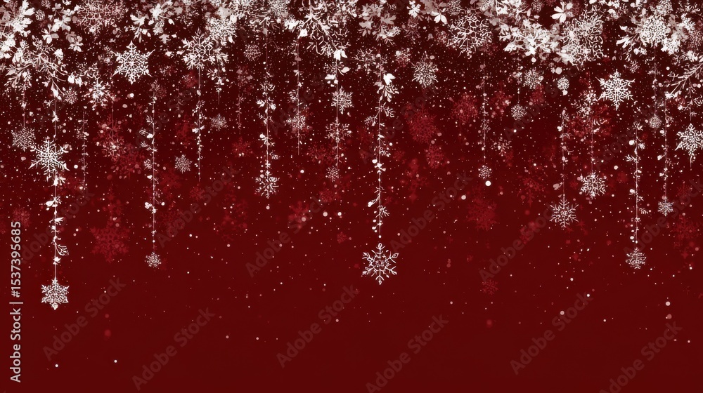 Poster a red background with snow falling from the top and bottom. the snow is falling in a way that it loo