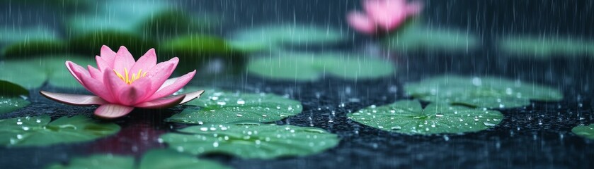 Pink Lotus in Rain, Water Lily Pads, Serenity