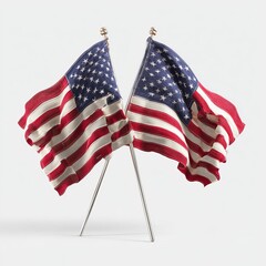 Two US flags isolated on white background, vector illustration. USA flag on pole.