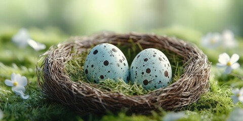 Fototapeta premium Nesting birds prepare for spring as speckled eggs rest in a cozy green bed of moss and flowers
