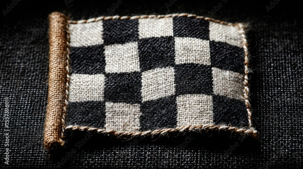 Poster a black and white checkered flag with a brown handle. the flag is made of a woven material and has a