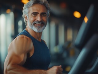 A confident, brawny mature man running on a treadmill in a gym, embodying strength, focus, and commitment to fitness