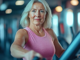 A confident middle-aged woman exercising on a treadmill in a modern gym, embracing a healthy lifestyle