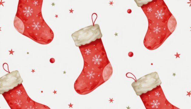 the image presents a repeating pattern of red objects against a light background. these objects are shaped like winter themed socks with fluffy, light colored cuffs and a hanging loop
