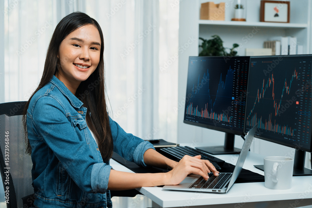 Poster young asian in it developer looking at camera to present with online information on pc with coding p