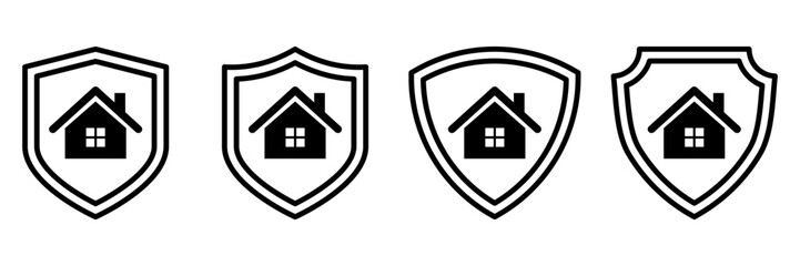 Home Security Shield Icons Set. Black Outline House in Protection Badge Collection. Real Estate Safety Symbol for Web, App, Insurance, Guard Services, and Property Protection Concepts.