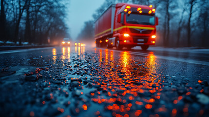 fire truck on the road, fire truck at night