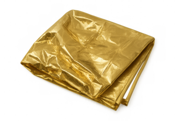 Crumpled golden survival foil retaining body heat, isolated on transparent background, useful for hiking and outdoor activities