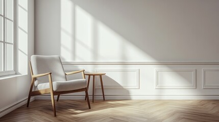 Airy room with sunlight, light-colored armchair, small table, and parquet floor