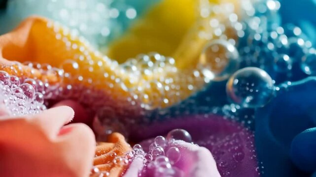 Colorful Fabric and Iridescent Soap Bubbles in Close-Up Laundry Scene with Fresh Bright Lighting