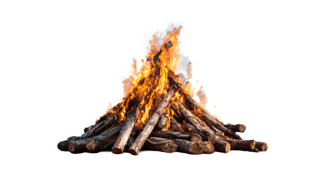 A large bonfire with flames and smoke rising from a pile of logs against a dark colored area on transparent background