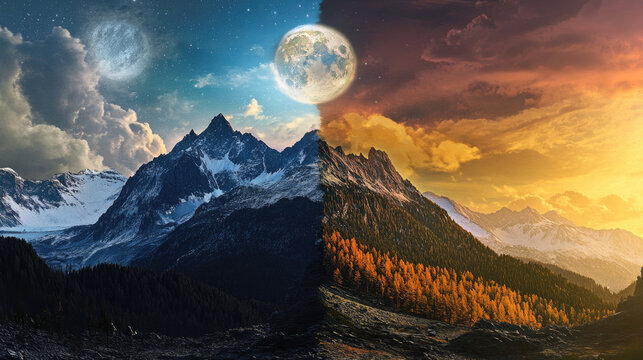 Mountain landscape by day and night. Time change