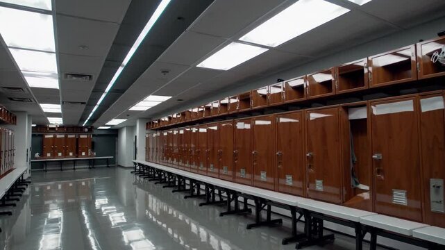 Empty locker room with open door revealing sports equipment