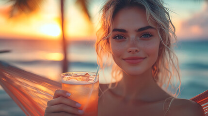 young woman drinking cocktail at the beach