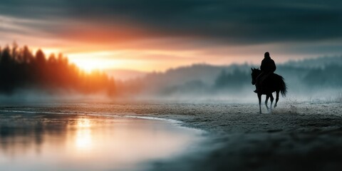 Horse rider along a misty riverbank at sunset creating a serene natural atmosphere in the countryside