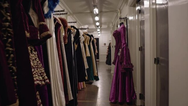 Elegant costumes hanging in theater backstage corridor