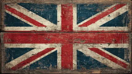 Fototapeta premium A flag with the British Union Jack on it. The flag is old and worn, with a wooden frame