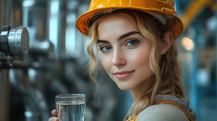 Young Female Model in Hard Hat – Close-Up Portrait at Construction Site