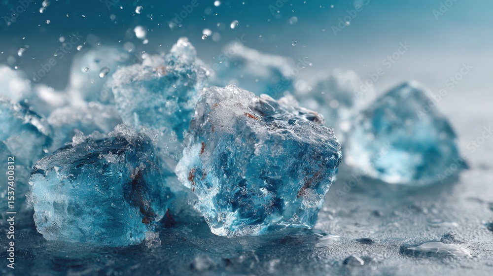 Poster a pile of blue ice cubes on a table. the ice cubes are scattered and some are larger than others. co