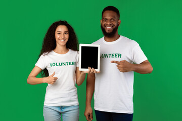 Diverse Volunteers Holding Digital Tablet Pointing At Blank Computer Screen And Gesturing Thumbs Up Standing In Studio On Green Background, Smiling To Camera. Mockup