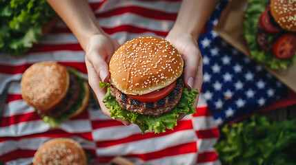 american burger with lettuce and tomato held by hands on american flag background hd food photo
