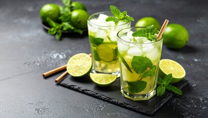 Mojito (Non-Alcoholic version) A refreshing Cuban drink made with lime juice, mint, sugar, and soda water. 