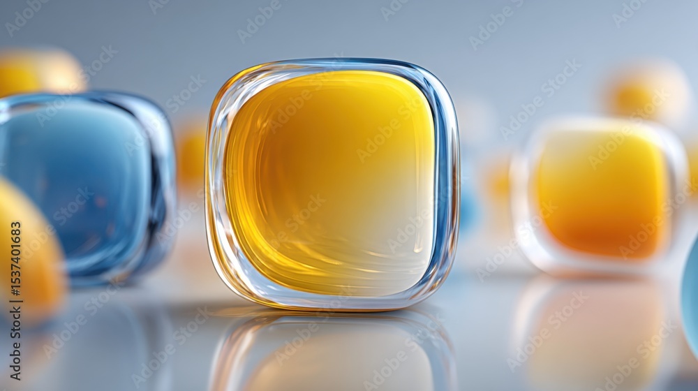 Poster a collection of colorful glass cubes with a yellow square in the middle. the cubes are arranged in a