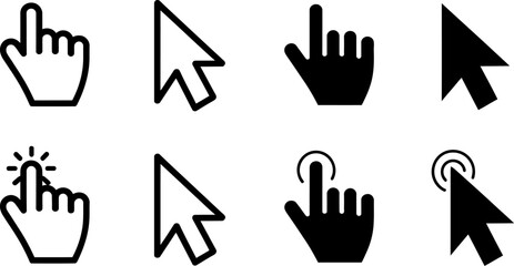 Illustration of eight black and white cursor icons including hand and arrow pointers designs