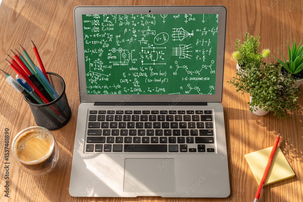 Poster mathematic equations and modish formula on computer screen showing concept of science and education