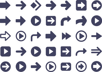 Collection of various right pointing arrow icons in different styles and orientations set on white