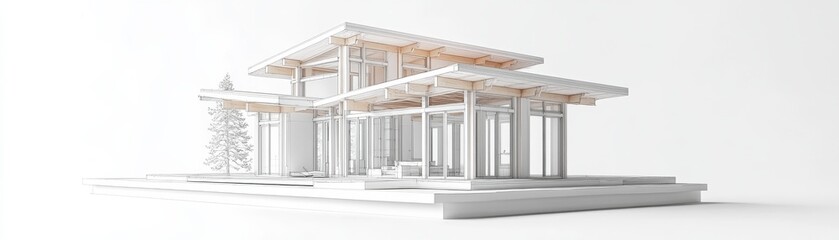 Architectural Sketch Modern Two-Story House Design, Wireframe Render, Contemporary Home Concept, Architectural visualization, 3D rendering