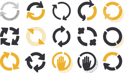 Collection of fifteen circular arrows and hand icons in black and yellow on a white background