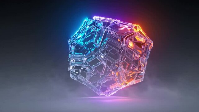 Complex glass crystal rotating and changing colors on dark background