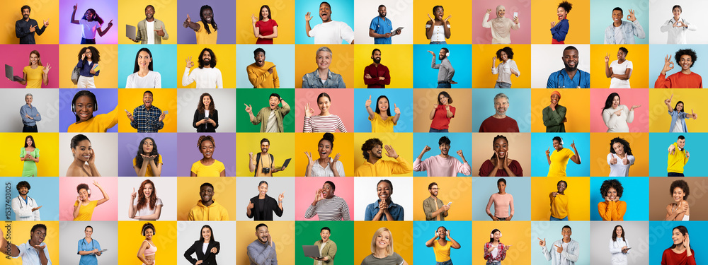 Poster a vibrant collage showcases diverse individuals expressing various lifestyles and emotions. the coll