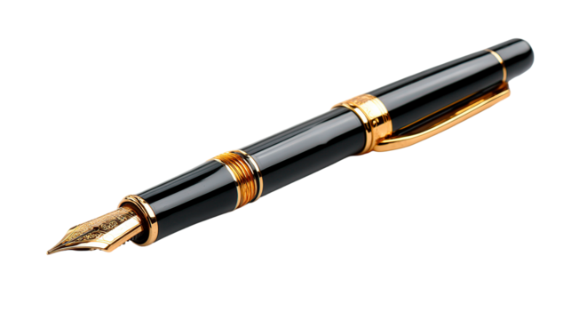A luxurious writing instrument featuring a golden nib and accents against a stark contrasting setting on transparent background