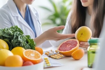 In a bright setting, a dietitian advises a pregnant woman about prenatal nutrition, highlighting the importance of fruits, leafy greens, and vitamins for a healthy pregnancy