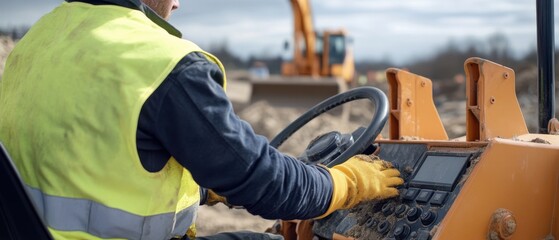 A construction laborer in a reflective vest and gloves, operating a bulldozer with visible earth-moving equipment and construction debris in the background, Construction site scene