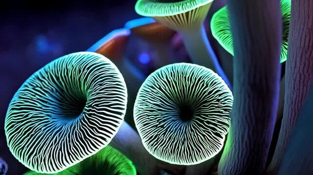 Close-up of glowing mushrooms, fungi with vibrant green bioluminescence, dark forest floor, natural light, macro photography of fungal structures, nature