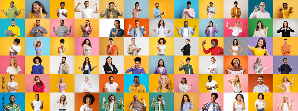 Fototapete this vibrant collage showcases a diverse group of individuals expressing various emotions and gestur