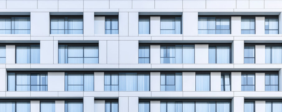Modern building facade with large windows and clean lines in an urban setting. Contemporary architecture and geometric design