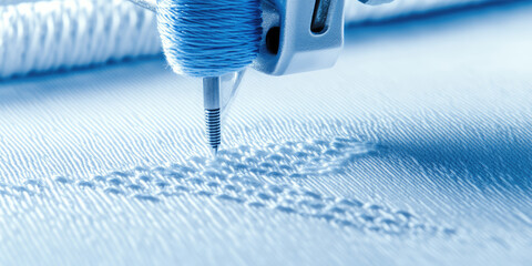 A sewing machine needle is embroidering a pattern on fabric.   textile crafting technology