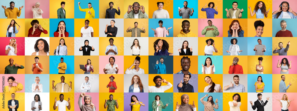 Poster A lively collection of diverse individuals displaying a range of facial expressions and gestures. Each portrait reflects unique backgrounds and experiences set against colorful backdrops.