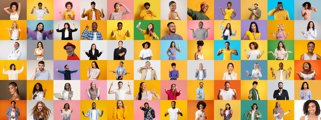 A colorful collection showcases diverse individuals smiling and expressing joy against bright backgrounds. This vibrant portrait captures a celebration of diverse lifestyles and unity.