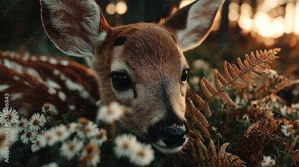 Wall mural a detailed image of a deer surrounded by an array of blossoms and distant trees