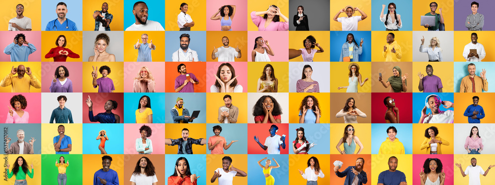 Poster a lively collection of diverse individuals showcasing various facial expressions and gestures. set a