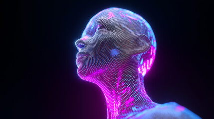 A striking close-up of a face covered in glowing blue particles, illuminated by neon pink and purple light.
