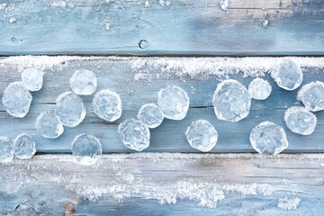 Icy marbles scattered on weathered blue wooden planks, fringed with a dusting of fine white snow, suggesting a wintery, frosted scene.