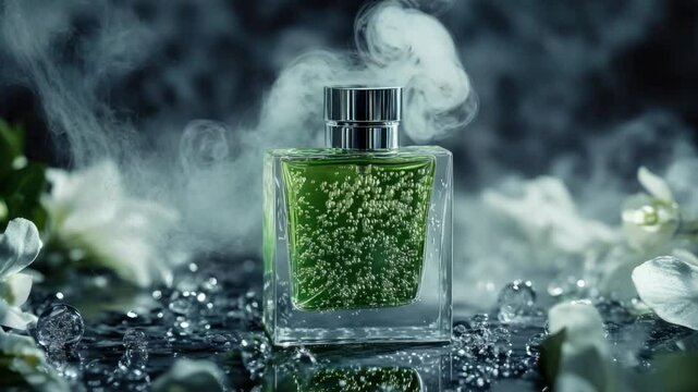 A green perfume bottle, surrounded by smoke, water droplets, and white flowers